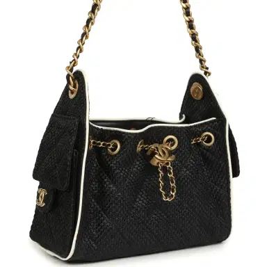 Chanel Chanel Mini 25 Hobo Bag Black Raffia and White Calfskin Antique Gold Hardware | Thumbnail 2