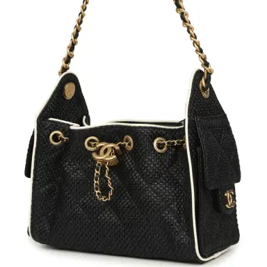 Chanel Chanel Mini 25 Hobo Bag Black Raffia and White Calfskin Antique Gold Hardware | Thumbnail 3