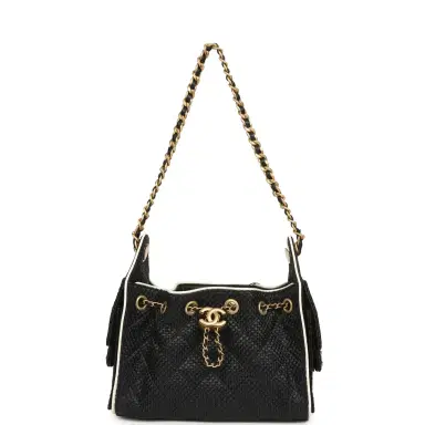 Chanel Chanel Mini 25 Hobo Bag Black Raffia and White Calfskin Antique Gold Hardware | Thumbnail 6