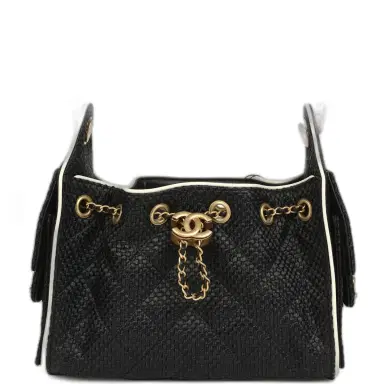 Chanel Chanel Mini 25 Hobo Bag Black Raffia and White Calfskin Antique Gold Hardware | Thumbnail 1