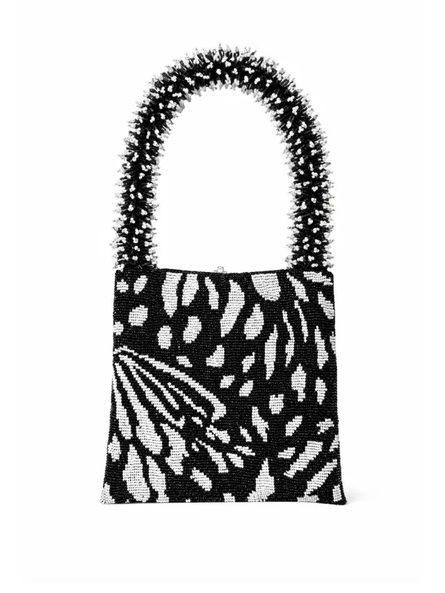 Butterfly Cream, Black, and White Clash of Prints Bag