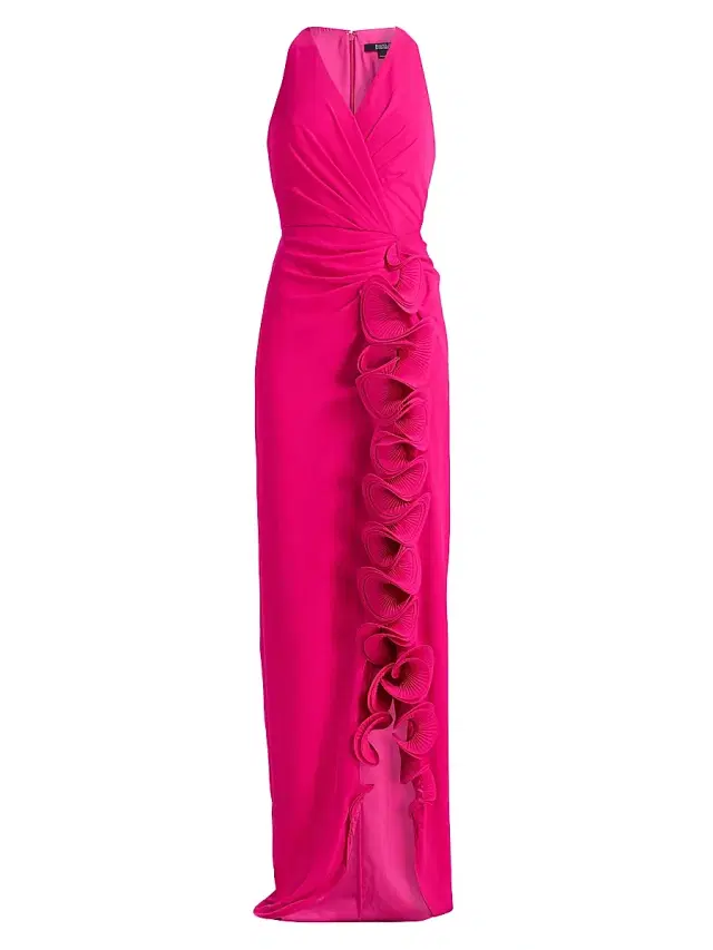 Badgley Mischka Women's Ruffle-Front Surplice Neck Gown - Magenta