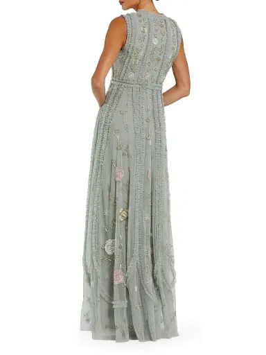 Mac Duggal Women's Petite Floral-Embroidered Ruffled Mesh Gown - Sage Multi - Size Petite 14 | Thumbnail 2 Mac Duggal Women's Petite Floral-Embroidered Ruffled Mesh Gown - Sage Multi - Size Petite 14 | Thumbnail 2