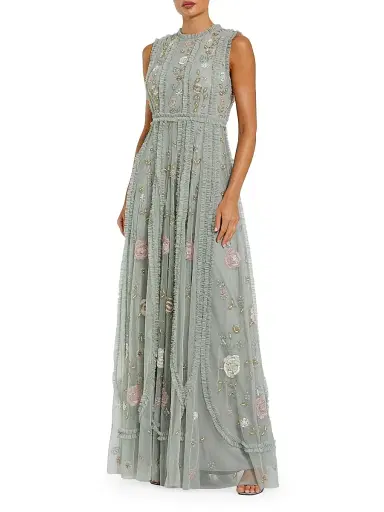 Mac Duggal Women's Petite Floral-Embroidered Ruffled Mesh Gown - Sage Multi - Size Petite 14 | Thumbnail 1 Mac Duggal Women's Petite Floral-Embroidered Ruffled Mesh Gown - Sage Multi - Size Petite 14 | Thumbnail 1