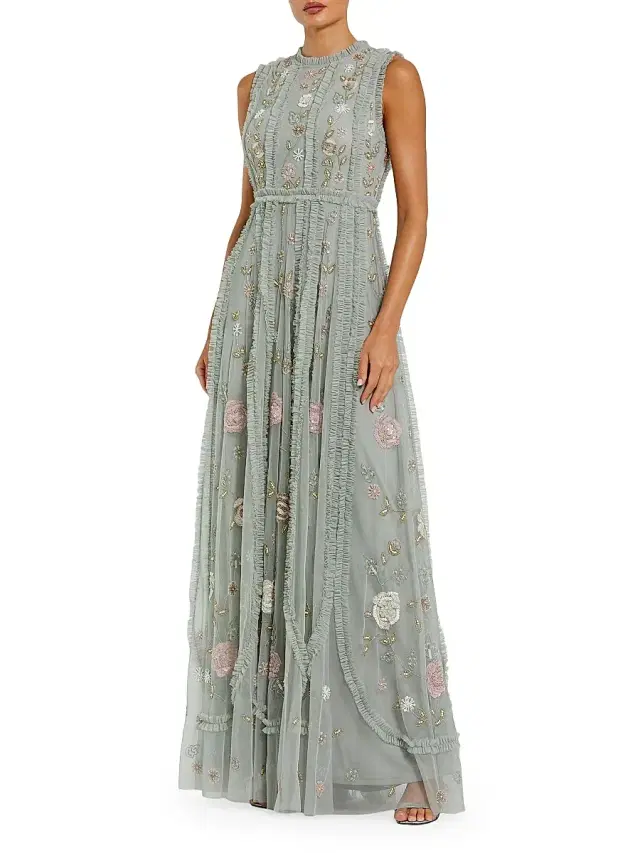 Women's Petite Floral-Embroidered Ruffled Mesh Gown - Sage Multi Petite 14