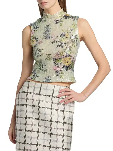 Brandon Maxwell Women's Piper Floral Sequined Top - Green Floral | Thumbnail 3