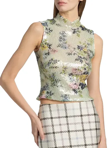 Brandon Maxwell Women's Piper Floral Sequined Top - Green Floral | Thumbnail 6