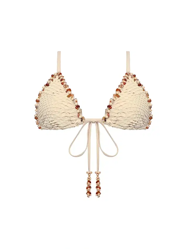 PatBO Women's Beaded Mesh Triangle Bikini Top - Beige