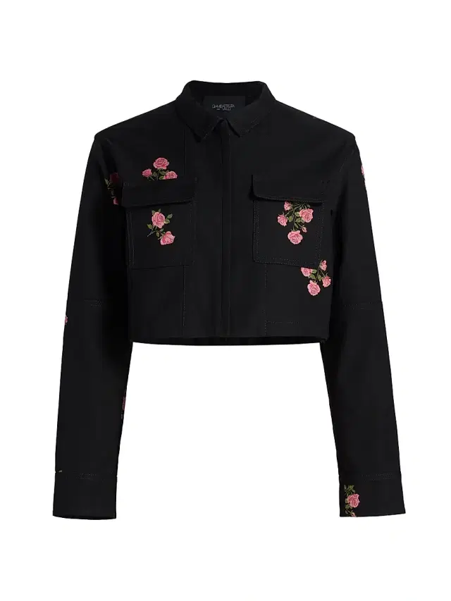 Women's Floral Fil Coupé Cotton Crop Jacket - Black Multi