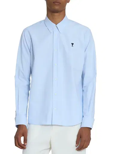AMI PARIS Men's Embroidered Logo Cotton Button-Down Shirt - Sky Blue - Size XXL | Thumbnail 3