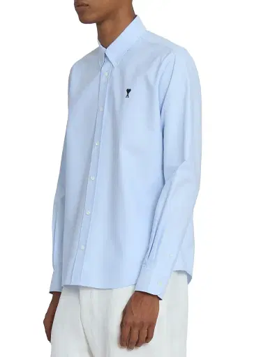 AMI PARIS Men's Embroidered Logo Cotton Button-Down Shirt - Sky Blue - Size XXL | Thumbnail 4