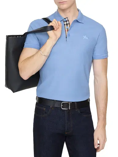 Burberry Men's Eddie Check-Trim Cotton Polo Shirt - Cornflower Blue | Thumbnail 1 Burberry Men's Eddie Check-Trim Cotton Polo Shirt - Cornflower Blue | Thumbnail 1