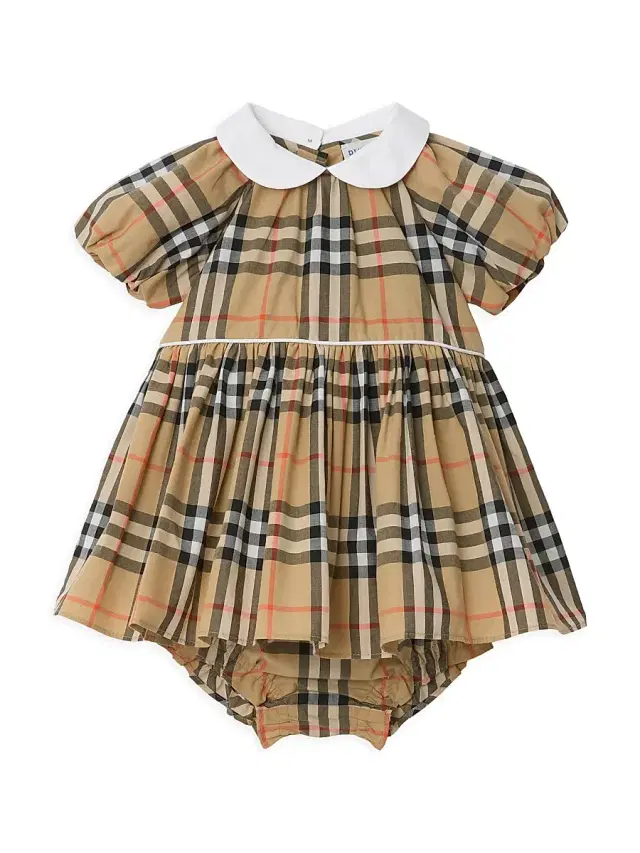Baby Girl's Check Puff-Sleeve Dress & Bloomers Set - Sand 9 Months