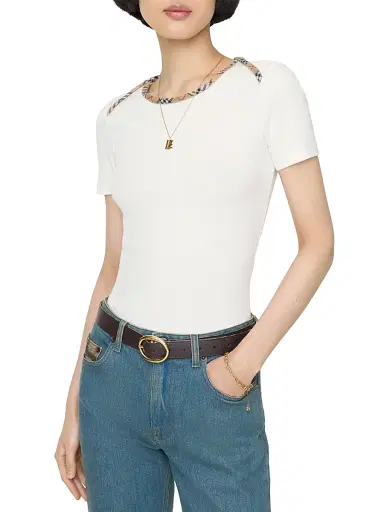 Burberry Women's Check Trim Stretch Cotton T-Shirt - Chalk - Size XXXXS | Thumbnail 2