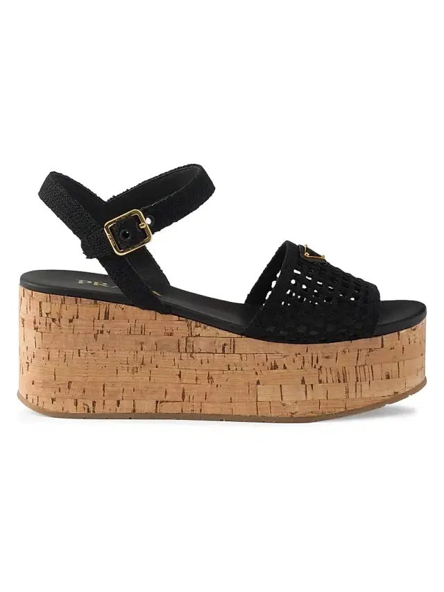 Women's Crochet Wedge Platform Sandals - Black
