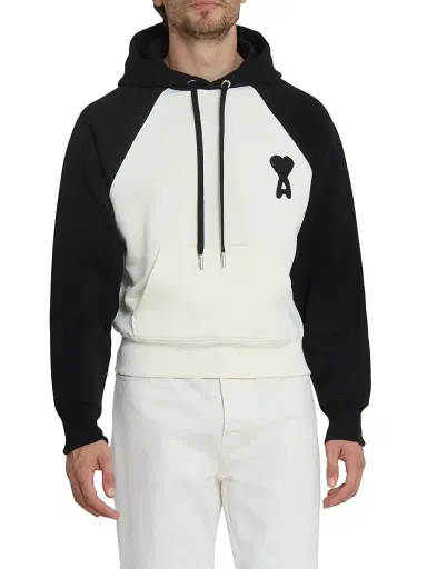 AMI Paris Men's Boxy Crochet Ami De Coeur Raglan Hoodie - Blanc Creme Noir | Thumbnail 3