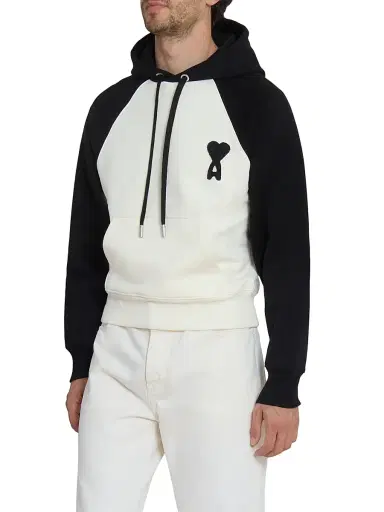 AMI Paris Men's Boxy Crochet Ami De Coeur Raglan Hoodie - Blanc Creme Noir | Thumbnail 4
