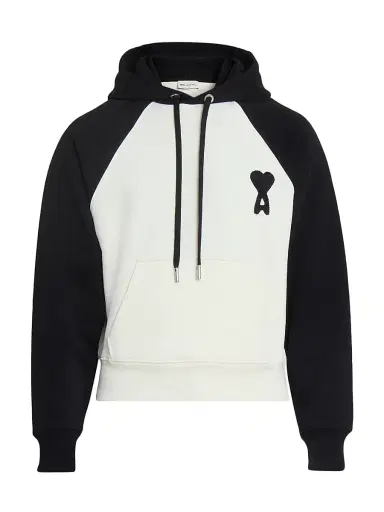 AMI Paris Men's Boxy Crochet Ami De Coeur Raglan Hoodie - Blanc Creme Noir | Thumbnail 1