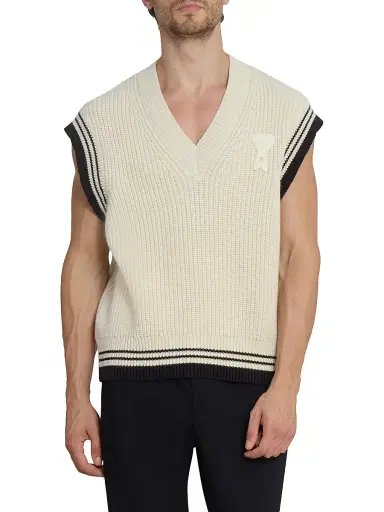 AMI Paris Men's Logo Wool-Cotton Sweater Vest - Blanc Creme | Thumbnail 3 AMI Paris Men's Logo Wool-Cotton Sweater Vest - Blanc Creme | Thumbnail 3