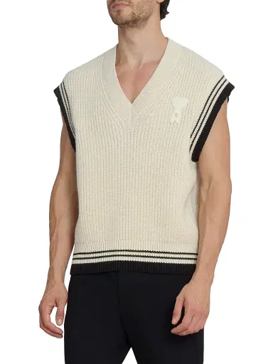 AMI Paris Men's Logo Wool-Cotton Sweater Vest - Blanc Creme | Thumbnail 4 AMI Paris Men's Logo Wool-Cotton Sweater Vest - Blanc Creme | Thumbnail 4