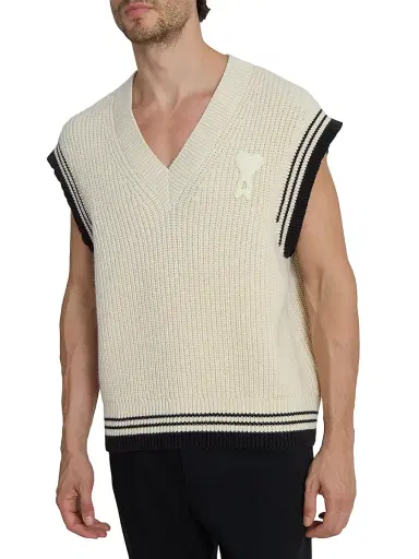 AMI Paris Men's Logo Wool-Cotton Sweater Vest - Blanc Creme | Thumbnail 6 AMI Paris Men's Logo Wool-Cotton Sweater Vest - Blanc Creme | Thumbnail 6