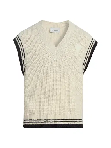 AMI Paris Men's Logo Wool-Cotton Sweater Vest - Blanc Creme | Thumbnail 1 AMI Paris Men's Logo Wool-Cotton Sweater Vest - Blanc Creme | Thumbnail 1