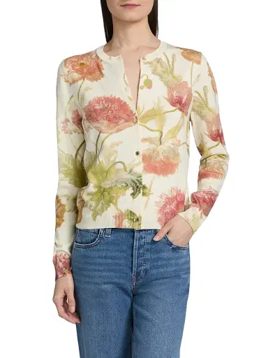 Carolina Herrera Women's Floral Silk-Cotton Cardigan - Almond Multi - Size Large | Thumbnail 3 Carolina Herrera Women's Floral Silk-Cotton Cardigan - Almond Multi - Size Large | Thumbnail 3