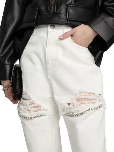 AREA Women's Crystal Fray Slit Jeans - White - Size 31 | Thumbnail 6