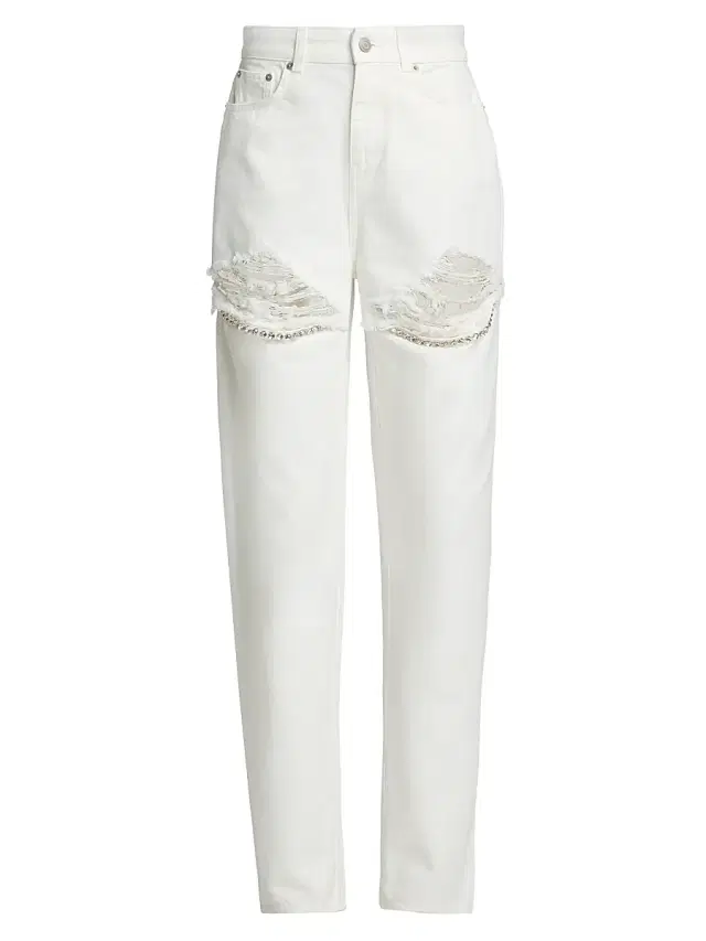 Women's Crystal Fray Slit Jeans - White