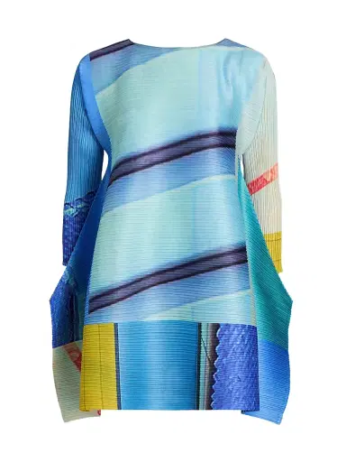 Pleats Please Issey Miyake Women's City Collage Top - Blue Yellow - Size Small | Thumbnail 1
