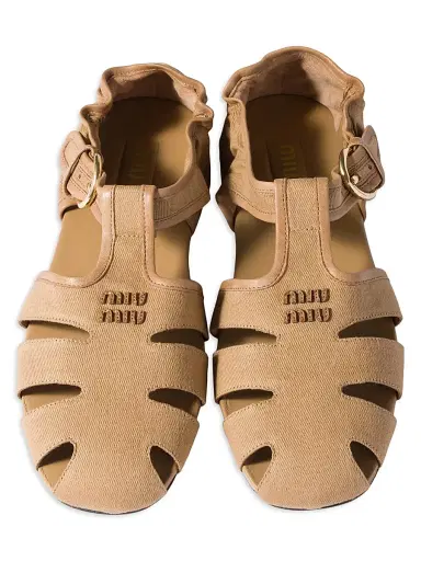 Miu Miu Women's Ruches Cotton and Nappa Leather Fisherman Sandals - Beige Khaki - Size 8.5 | Thumbnail 2