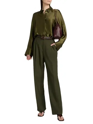 LOEWE Women's Satin Capelet-Back High-Low Shirt - Khaki Green | Thumbnail 2 LOEWE Women's Satin Capelet-Back High-Low Shirt - Khaki Green | Thumbnail 2