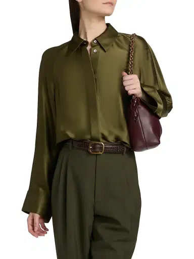 LOEWE Women's Satin Capelet-Back High-Low Shirt - Khaki Green | Thumbnail 3 LOEWE Women's Satin Capelet-Back High-Low Shirt - Khaki Green | Thumbnail 3