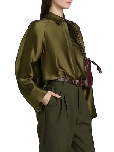 LOEWE Women's Satin Capelet-Back High-Low Shirt - Khaki Green | Thumbnail 4 LOEWE Women's Satin Capelet-Back High-Low Shirt - Khaki Green | Thumbnail 4
