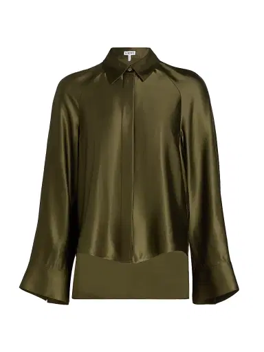 LOEWE Women's Satin Capelet-Back High-Low Shirt - Khaki Green | Thumbnail 1 LOEWE Women's Satin Capelet-Back High-Low Shirt - Khaki Green | Thumbnail 1