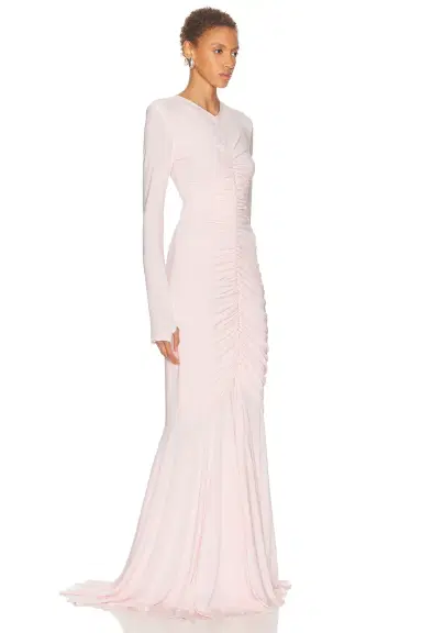 Norma Kamali Long Sleeve V Neck Shirred Front Fishtail Gown | Thumbnail 2 Norma Kamali Long Sleeve V Neck Shirred Front Fishtail Gown | Thumbnail 2