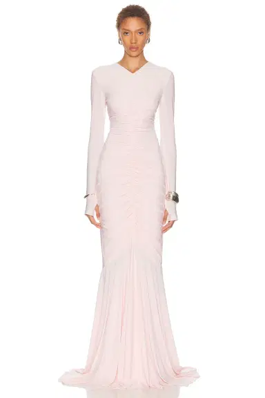 Norma Kamali Long Sleeve V Neck Shirred Front Fishtail Gown | Thumbnail 1 Norma Kamali Long Sleeve V Neck Shirred Front Fishtail Gown | Thumbnail 1