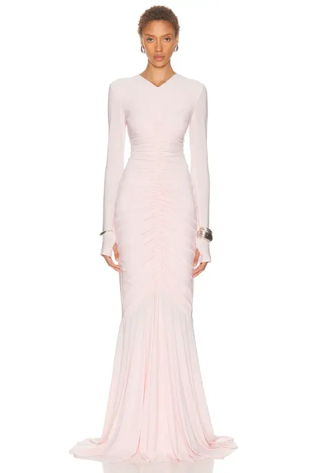 Norma Kamali Long Sleeve V Neck Shirred Front Fishtail Gown