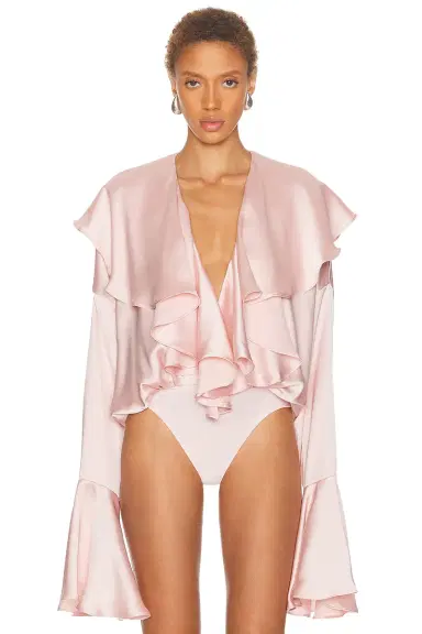 Norma Kamali Long Sleeve Deep V Ruffle Bodysuit | Thumbnail 2 Norma Kamali Long Sleeve Deep V Ruffle Bodysuit | Thumbnail 2