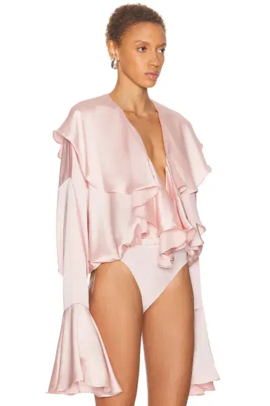 Norma Kamali Long Sleeve Deep V Ruffle Bodysuit | Thumbnail 3 Norma Kamali Long Sleeve Deep V Ruffle Bodysuit | Thumbnail 3