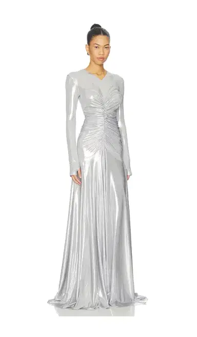 Norma Kamali Long Sleeve V Neck Shirred Front Flared Gown | Thumbnail 2