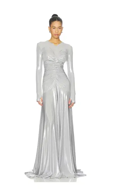 Norma Kamali Long Sleeve V Neck Shirred Front Flared Gown | Thumbnail 1
