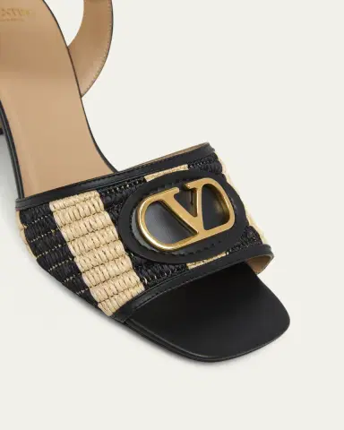Valentino Garavani 75mm VLogo Leather and Striped Raffia Ankle-Strap Sandals | Thumbnail 3 Valentino Garavani 75mm VLogo Leather and Striped Raffia Ankle-Strap Sandals | Thumbnail 3