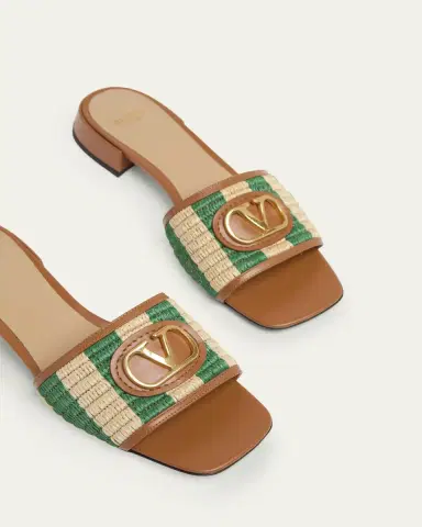 Valentino Garavani 20mm VLogo Leather and Striped Raffia Mule Sandals | Thumbnail 3 Valentino Garavani 20mm VLogo Leather and Striped Raffia Mule Sandals | Thumbnail 3