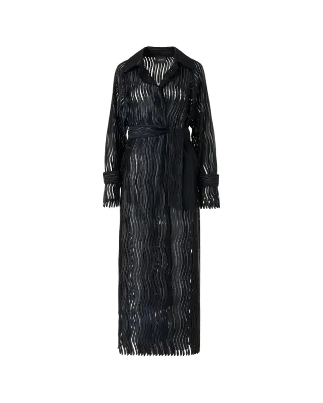 Wave Embroidered Single-Breasted Long Coat