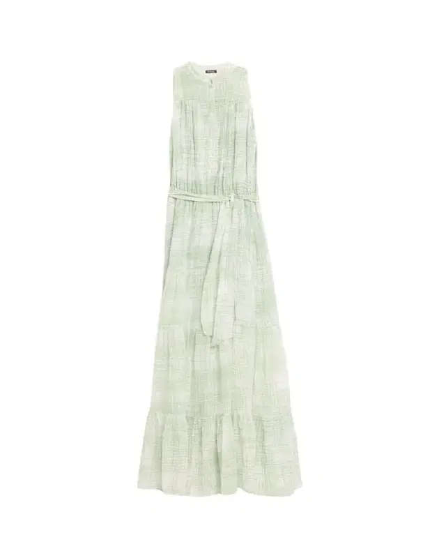 Check Silk Tie-Waist Tiered Maxi Dress