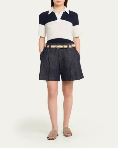 Brunello Cucinelli Shimmering Striped Cotton Rib Short-Sleeve Polo Sweater | Thumbnail 2 Brunello Cucinelli Shimmering Striped Cotton Rib Short-Sleeve Polo Sweater | Thumbnail 2