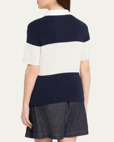 Brunello Cucinelli Shimmering Striped Cotton Rib Short-Sleeve Polo Sweater | Thumbnail 3 Brunello Cucinelli Shimmering Striped Cotton Rib Short-Sleeve Polo Sweater | Thumbnail 3