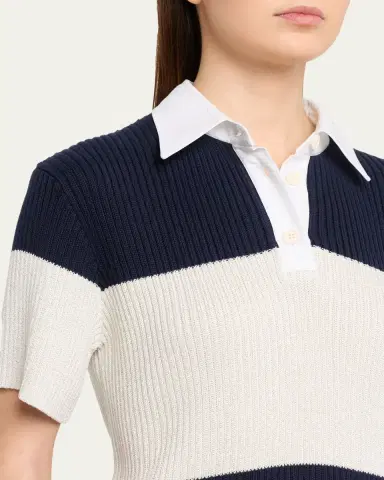 Brunello Cucinelli Shimmering Striped Cotton Rib Short-Sleeve Polo Sweater | Thumbnail 5 Brunello Cucinelli Shimmering Striped Cotton Rib Short-Sleeve Polo Sweater | Thumbnail 5