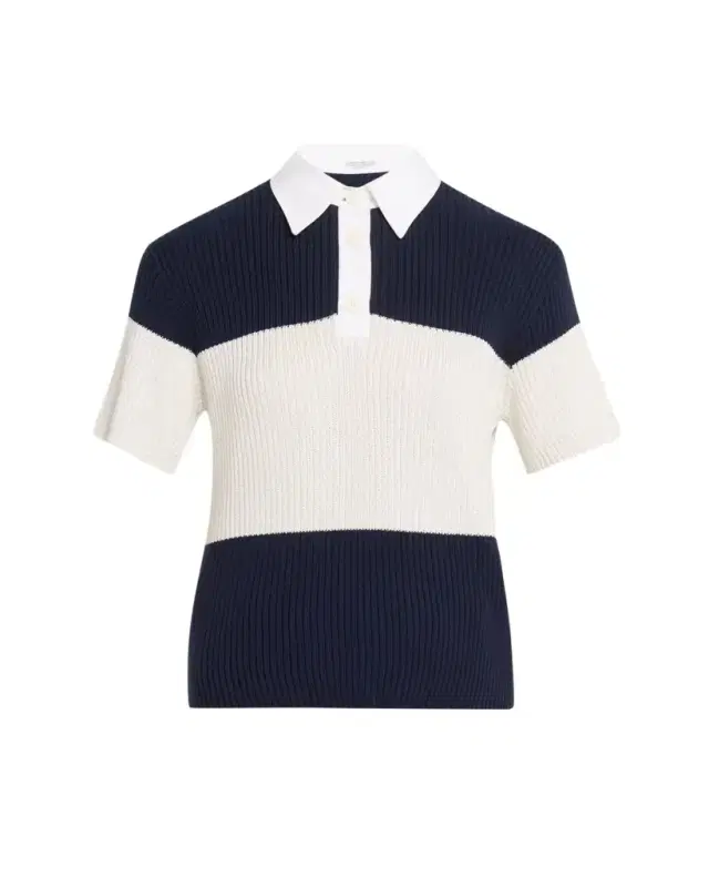 Brunello Cucinelli Shimmering Striped Cotton Rib Short-Sleeve Polo Sweater
